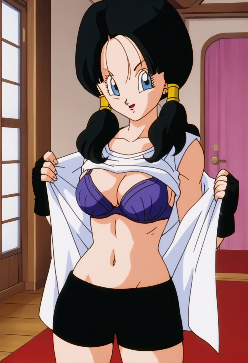 source_anime, score_9, score_8_up, score_7_up, anime screencap,
videldbz, 1girl, solo, long hair, blue eyes, black hair, ponytails, (underboob), (((undressing tshirt))), thick thighs, white shirt, contryside, fingerless gloves, black shorts, sweat