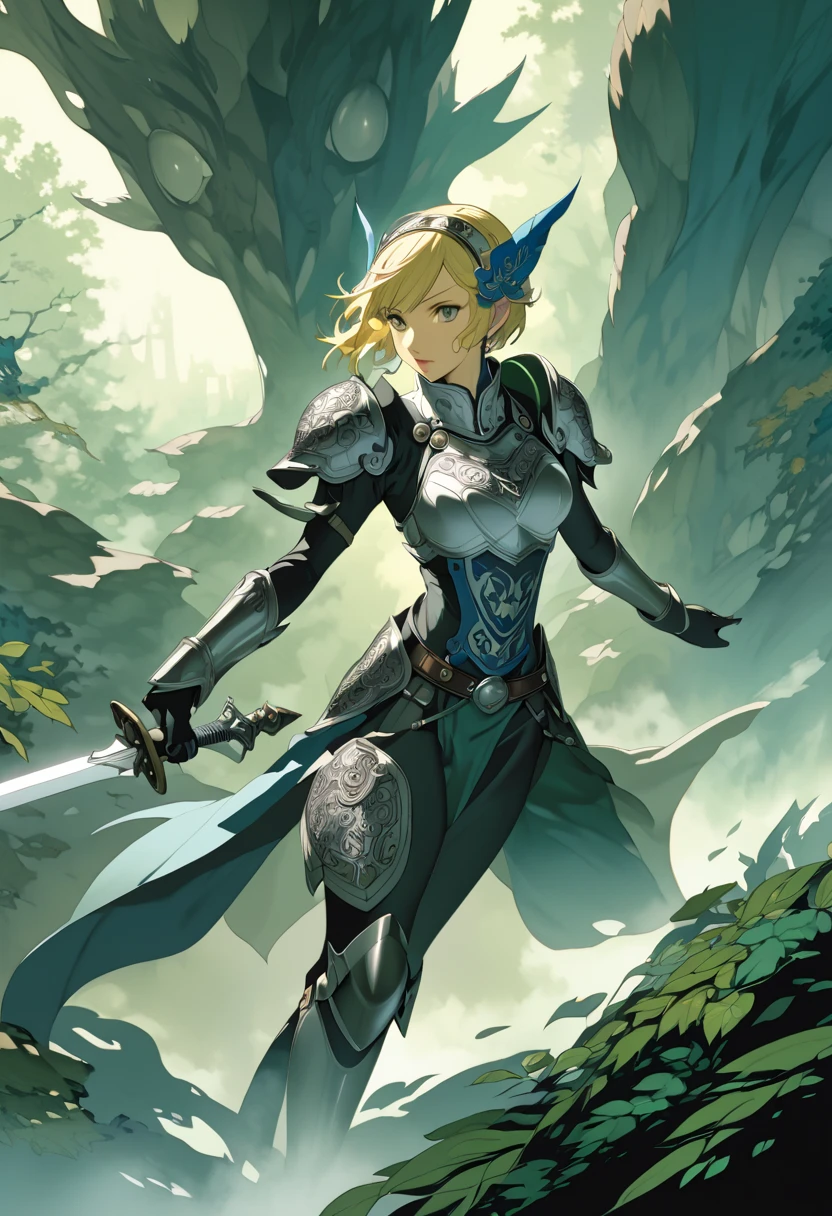 (masterpiece, best quality),Detailed illustration of elf girl, a legendary female knight from 1200s europe, in a highly stylized game character design.elf ear, She stands confidently in an epic pose with a long, flowing middle-short hair(blonde) and traditional knight armor, intricately designed with ornate patterns. Her armor combines elements of traditional knight armor with fantasy elements—her chest plate and shoulder guards are embellished with subtle dragon and wave motifs. She wields a long sword with a vibrant, razor-sharp blade, and a bow is strapped to her back, showing her skill in multiple weapons. Her face is fierce yet beautiful, with a focused and determined expression, while her stance exudes strength and elegance. Behind her, a misty forest landscape fades into the background, with branches and leaves subtly falling around her. The color palette is deep and rich, focusing on dark greens, blacks, and silver accents to give her a bold and heroic appearance.(Character design by shigenori Soejima,Characters that appear in the video game "Persona3"),(dynamic angle),