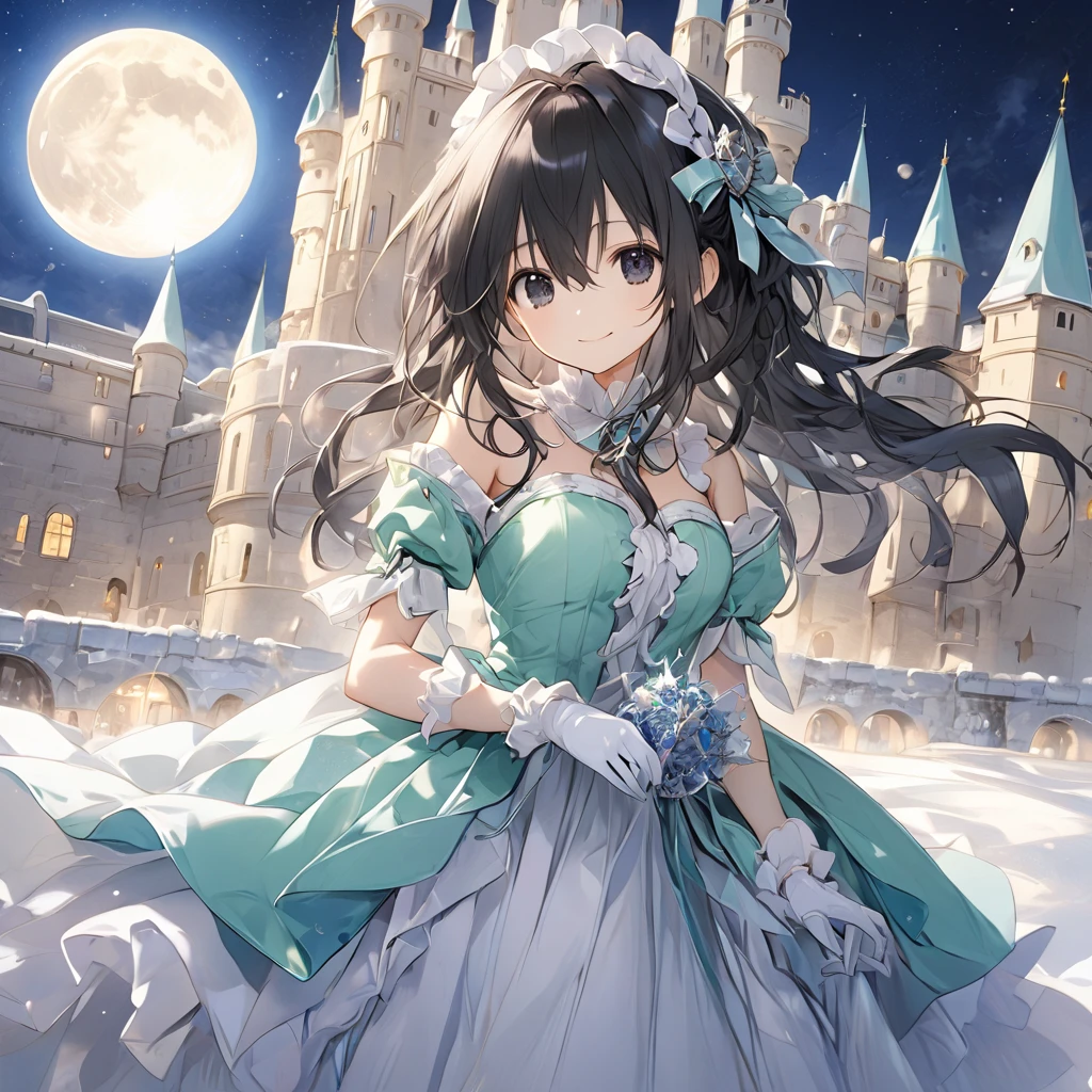 ( 1 girl), Green \(Neptunia )\, black hair, black eyes,(smile:1.5)、blush、(low ponytail:1.5), (long sidelocks:1.5), ,( small tits:1.5),( dress:1.5),gloves,snow,night、moon、European castle promenade、front、(whole body:1.5)、( perfect anatomy ),( best quality), ( ultra hi-res), (超 high definition ), ( Highly Detailed CG), (32K), (masterpiece)、eyesHD