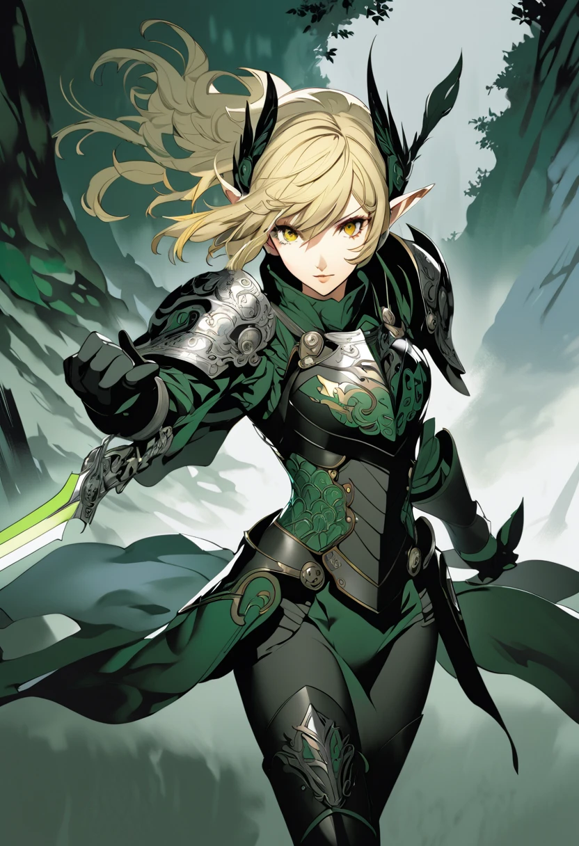 (masterpiece, best quality),Detailed illustration of elf girl, a legendary female knight from 1200s europe, in a highly stylized game character design.elf ear, She stands confidently in an epic pose with a long, flowing middle-short hair(blonde) and traditional knight armor, intricately designed with ornate patterns. Her armor combines elements of traditional knight armor with fantasy elements—her chest plate and shoulder guards are embellished with subtle dragon and wave motifs. She wields a long sword with a vibrant, razor-sharp blade, and a bow is strapped to her back, showing her skill in multiple weapons. Her face is fierce yet beautiful, with a focused and determined expression, while her stance exudes strength and elegance. Behind her, a misty forest landscape fades into the background, with branches and leaves subtly falling around her. The color palette is deep and rich, focusing on dark greens, blacks, and silver accents to give her a bold and heroic appearance.(Character design by shigenori Soejima,Characters that appear in the video game "Persona5"),(dynamic pose),