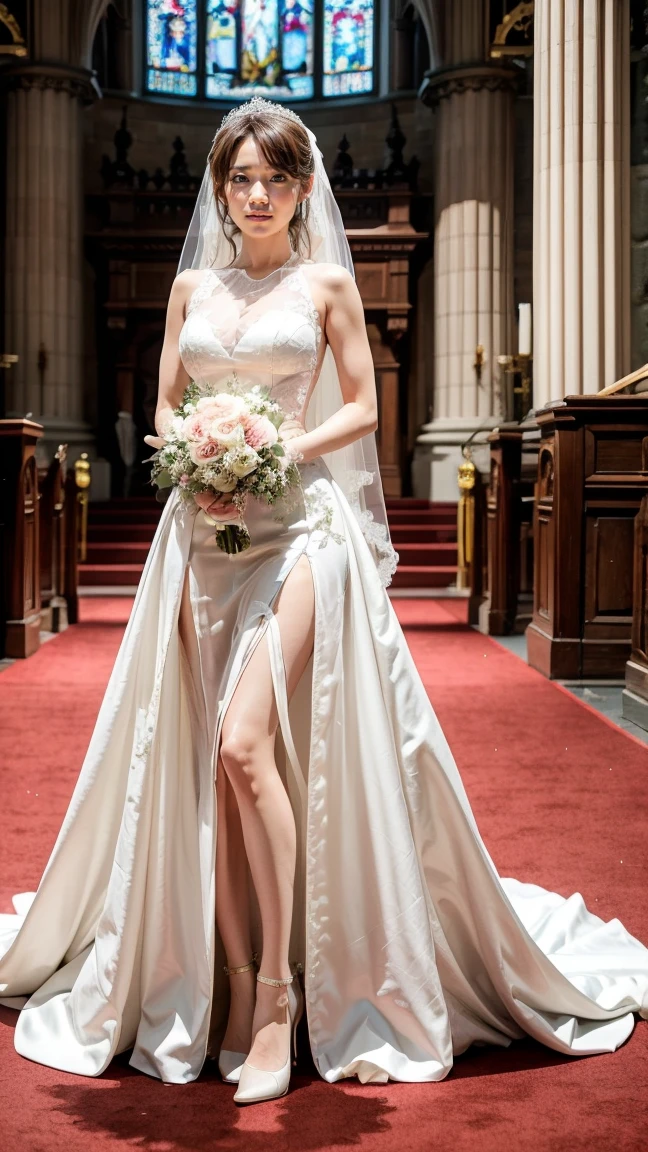 A beautiful young Japanese woman, 26 years old, with healthy thighs, beautiful legs, flawless skin, random hair color and style, large breasts, wearing a (wedding dress:1.3), (she is standing:1.2), full body shot, high heels, holding a bouquet in her hands, in a church setting, (best quality,8k, masterpiece:1.3), (extremely detailed:1.2), perfect anatomy, Yuko Oshima