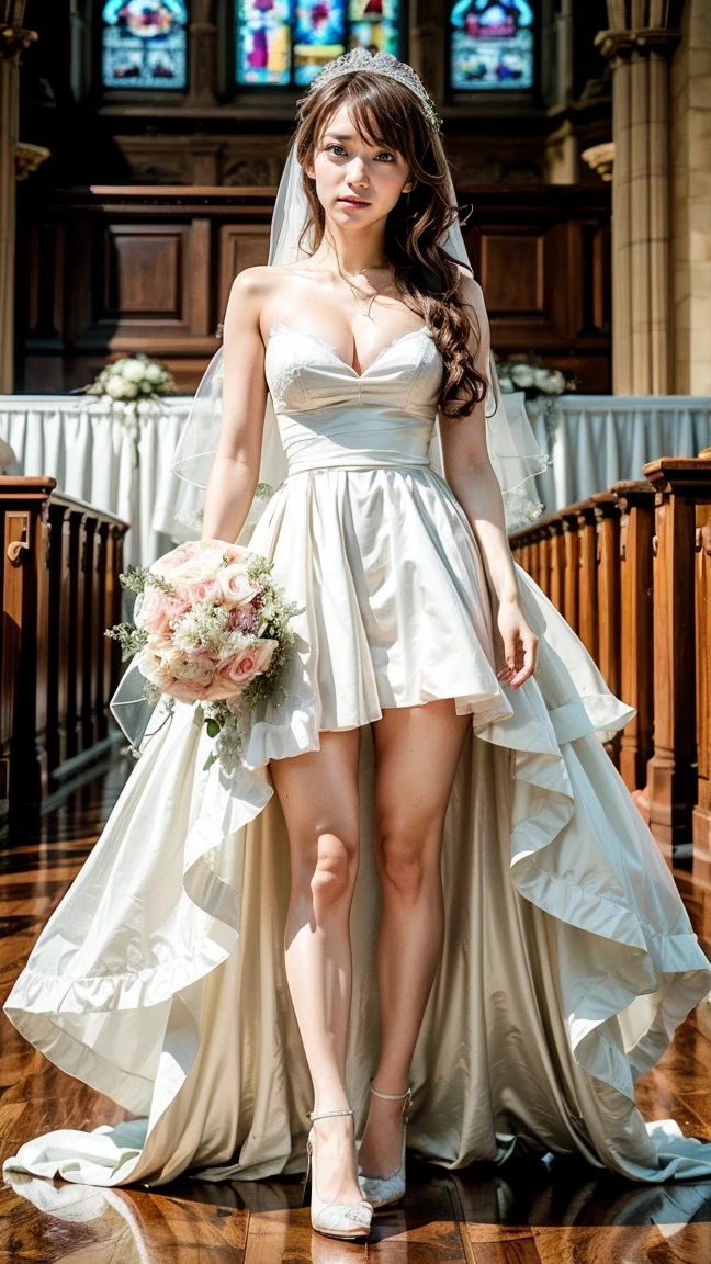 A beautiful young Japanese woman, 26 years old, with healthy thighs, beautiful legs, flawless skin, random hair color and style, large breasts, wearing a (wedding dress:1.3), (she is standing:1.2), full body shot, high heels, holding a bouquet in her hands, in a church setting, (best quality,8k, masterpiece:1.3), (extremely detailed:1.2), perfect anatomy, Yuko Oshima