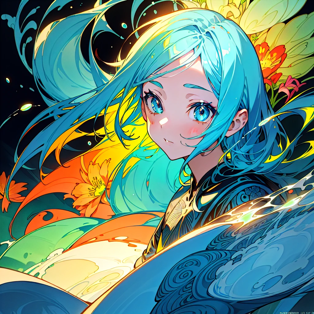  1 girl, watching viewers ,  long hair, Colored Hair , Floating Hair, upper body,

 absurd,  high definition , ( Official Art ,  beautiful、And aesthetic :1.2),  one boy , ( pop art :1.2), ( zentangle, Flower effect, Water effect, Light effects:1.2), (Decorative arts:1.4),