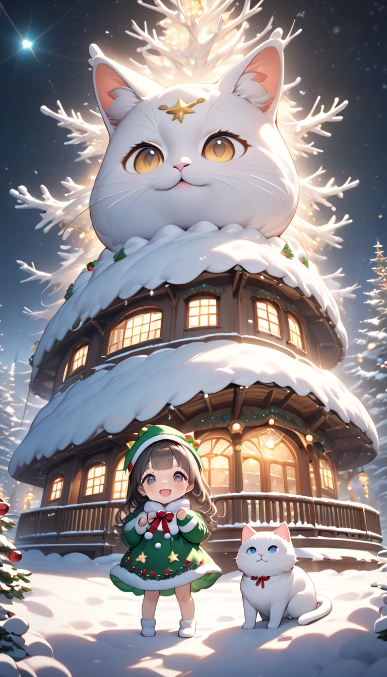 (masterpiece), (ultra-detailed, best quality, clear focus, dramatic scene, cinematic), shadow, (ultra-high resolution, 8k), perfect anatomy, perfect face, (detailed face), (detailed eye), (chibi), cute Japanese chibi girl, famous Japanese chibi idol, very beautiful and cute and cool face, (wearing a cute Christmas tree costume with gorgeous illuminations:1.2), star cap, (large breasts), (She is standing with her cat in front of the gorgeously decorated huge Christmas tree house that looks like a giant fat statue:1.3), at night, snow covered, deep snow, stormy, she is showing smile, dynamic angle, (a very cute giant fat cat is mewing with her), professional lighting, (detailed very cute fluffy cat:1.3), they looks so happy, (gorgeously decorated Christmas tree house with shining Christmas lights:1.3), (spectacular view of snow covered Christmas-tree-house with milky way:1.2)