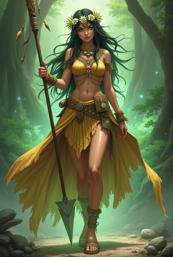 oc anime, female, human race, brown fur and a slightly strong body but not too much, long hair and dark brown eyelashes, a bit messy but straight, emerald eyes, flower crown on her head, wears an indigenous tribal leader's outfit, having a golden cape on her back, and wearing beige slippers, in addition she has a spear, and emanates a greenish aura from her body