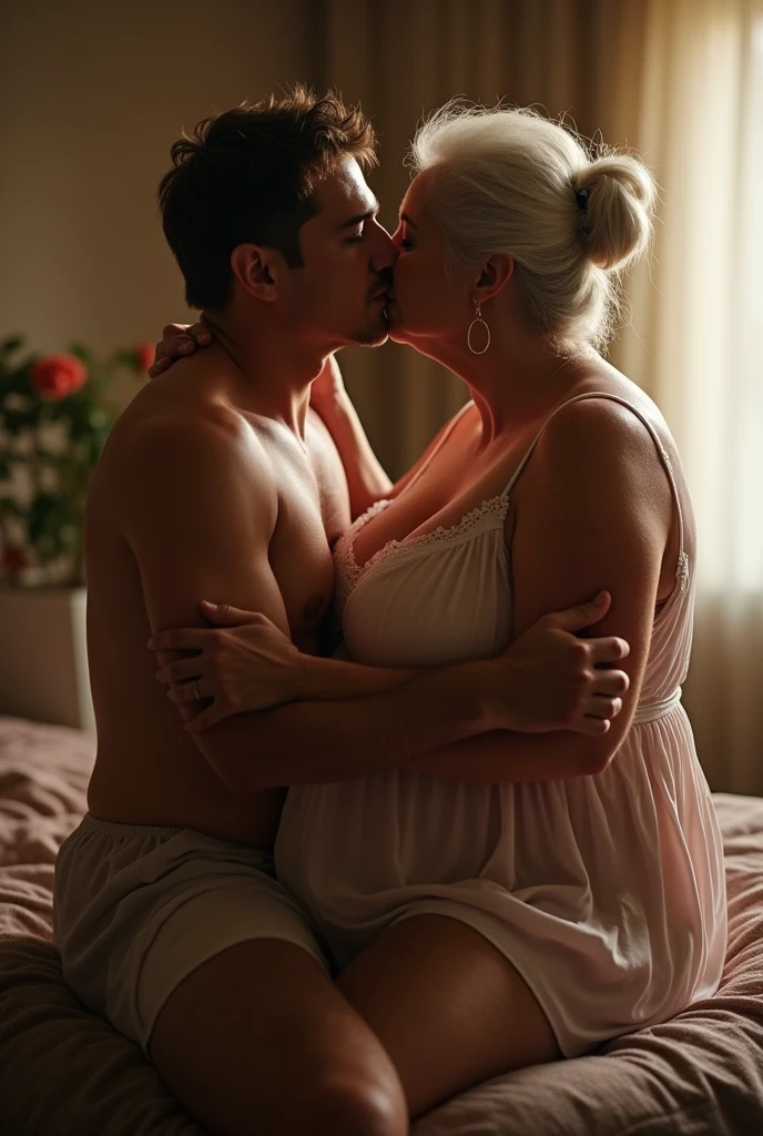 Erotic kinky couple , gigantic breast curvy 70 years old woman seducing sitting on sofa , dominating handsome shirtless , kissing , wild sex ,full body