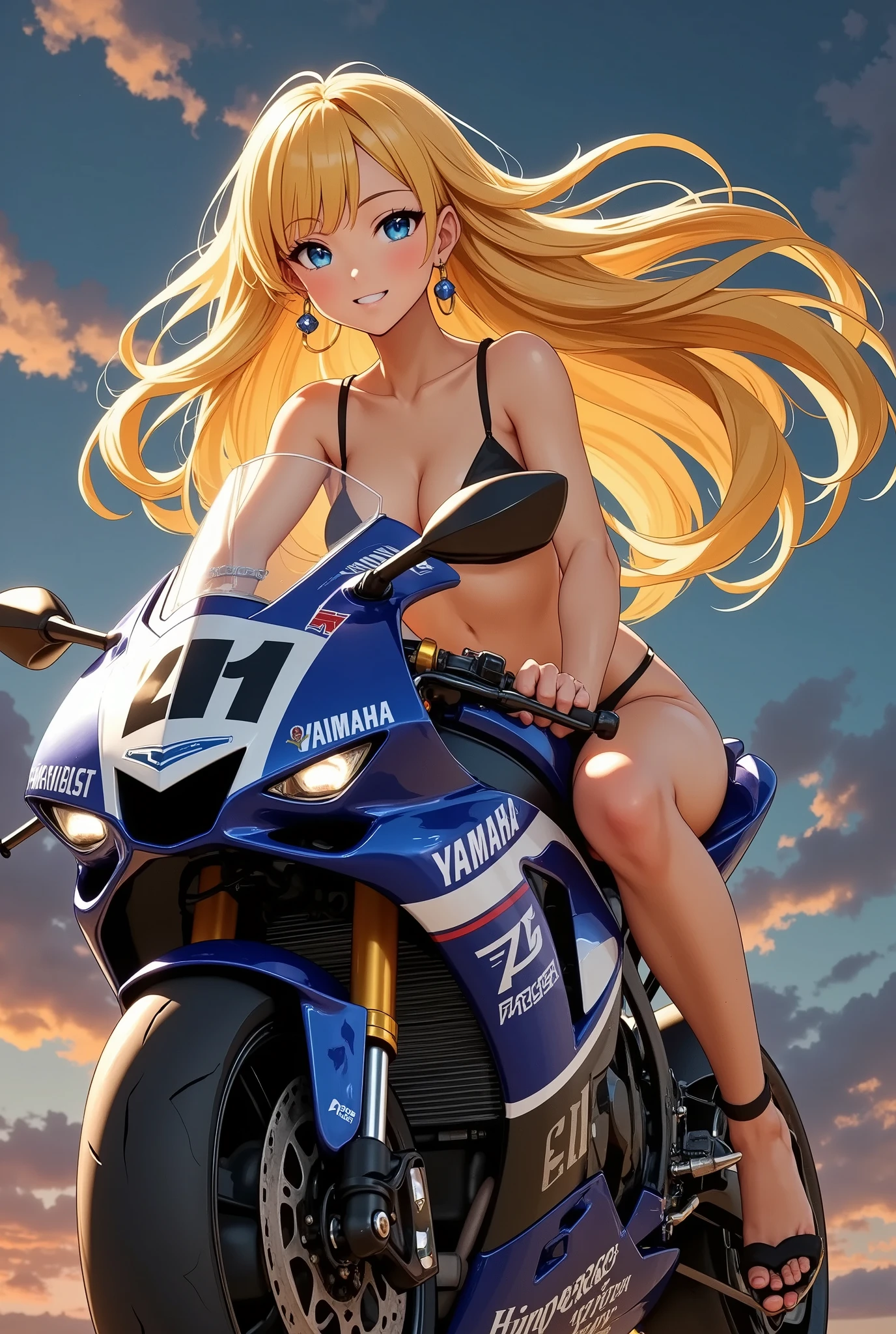 A girl is riding a YAMAHA MotoGP, glossy brown skin, small breasts, video, Yellow Hair,  inviting, top quality,  textured skin, 細い足 、ハイヒール