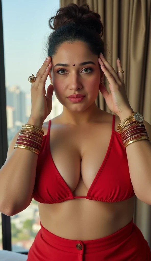 No extra hands,A glamorous Indian bride with a voluptuous, curvaceous figure,Hair tied up,She is showing dark armpits as her hands are on head,She is having big huge enormous gigantic humgous breast,Sexy navel ,sexy deep cleavage,hair bun,standing in a bedroom for honeymoon,She is Biting her lips with teeth,she has sensual sexy face, showing dark armpits,She has a sexy, moaning facial expression, with wet, oily, sweaty skin and wet, curly hair.Numerous bangles adorn one hand, while a smartwatch is on the other. Her breasts are popping out and her nipples are visible. She is a mature, 30-year-old bhabhi with a flat stomach, a big, curvy ass, and an enormous, fluffy, natural bust. (best quality, 4k, 8k, highres, masterpiece:1.2), ultra-detailed, (realistic, photorealistic, photo-realistic:1.37), detailed eyes, detailed lips, extremely detailed face, long eyelashes, realistic skin, beautiful colors, natural lighting, elegant pose, cinematic composition, detailed fabric, background inside a sexy bedroom big window city view