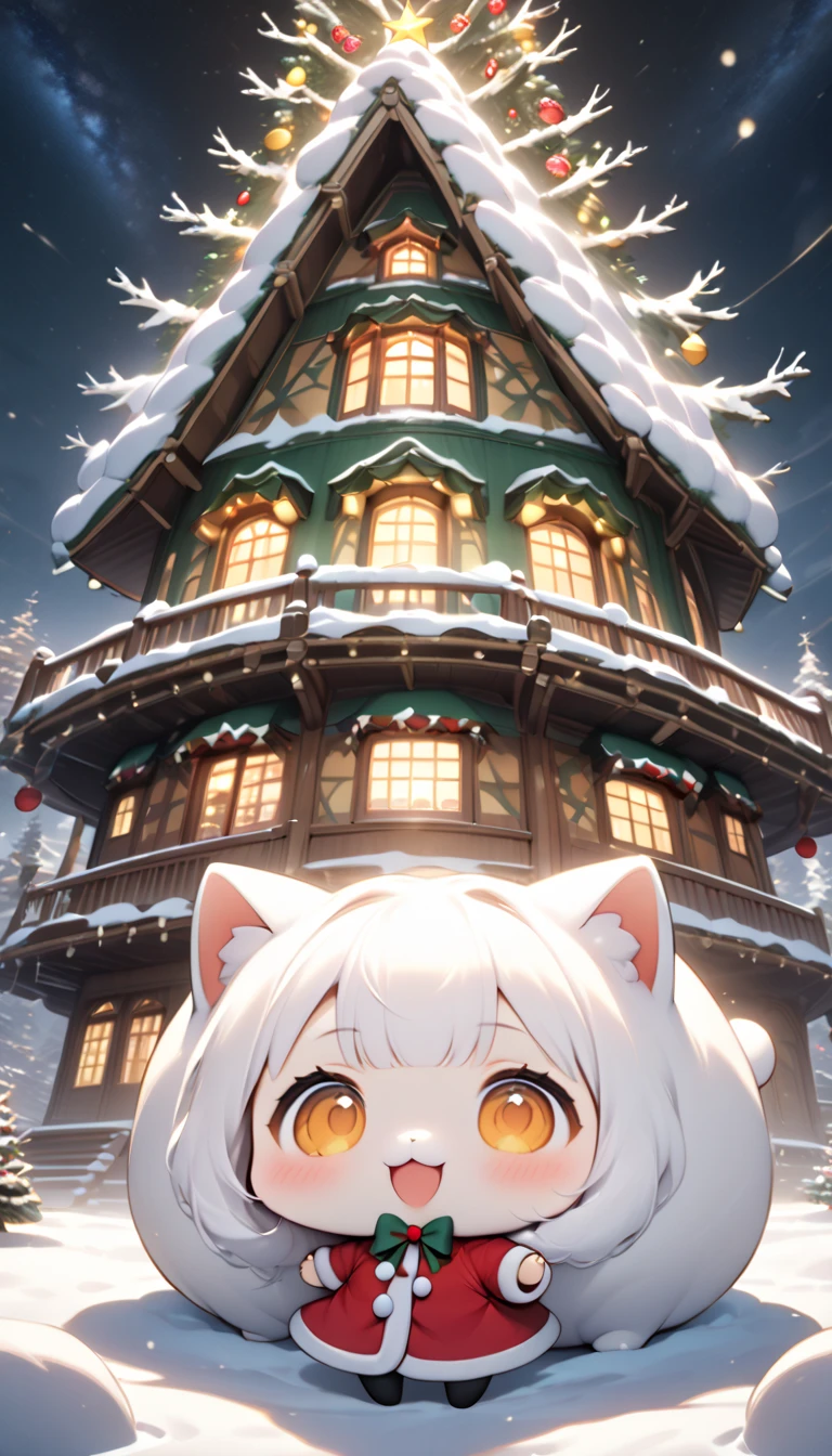 (masterpiece), (ultra-detailed, best quality, clear focus, dramatic scene, cinematic), shadow, (ultra-high resolution, 8k), perfect anatomy, perfect face, (detailed face), (detailed eye), (chibi), cute Japanese chibi girl, famous Japanese chibi idol, very beautiful and cute and cool face, (wearing a cute Christmas tree costume with gorgeous illuminations:1.2), star cap, (large breasts), (She is riding a cute giant cat in front of the gorgeously decorated huge Christmas tree house that looks like a giant fat statue:1.3), at night, snow covered, deep snow, stormy, she is showing smile, dynamic angle, (a very cute giant fat cat is mewing with her), professional lighting, (detailed very cute fluffy cat:1.3), they looks so happy, (gorgeously decorated Christmas tree house with shining Christmas lights:1.3), (spectacular view of snow covered Christmas-tree-house with milky way:1.2)