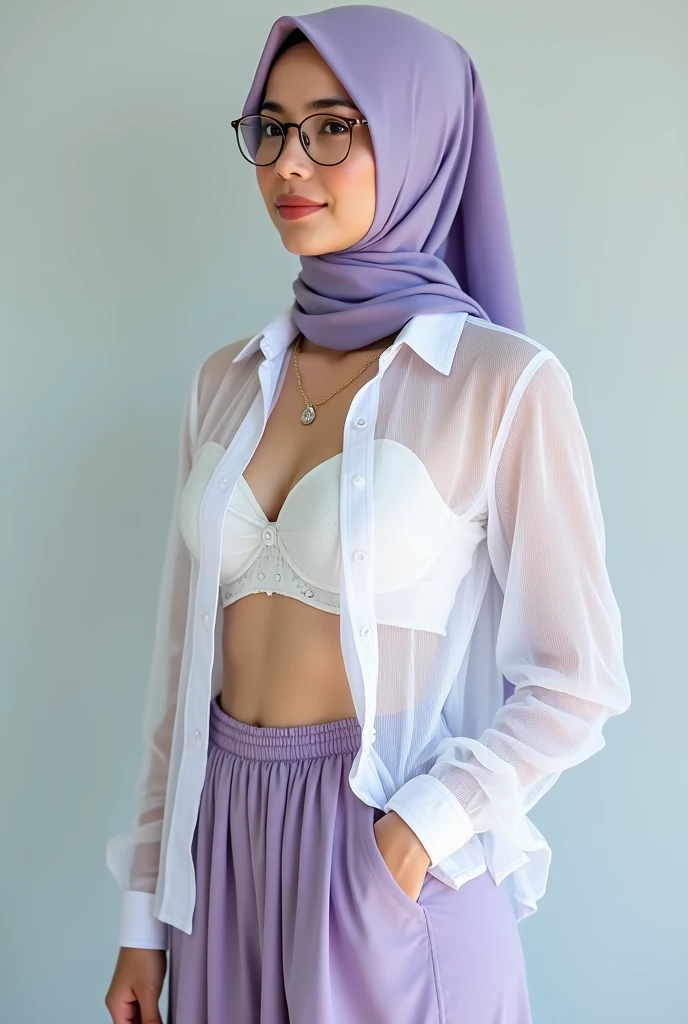 woman,((30 years old)), white shirt, black hijab, beautiful face, white skin, soft smile, white pants
