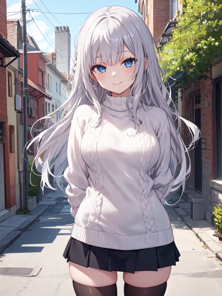 masterpiece, best quality, ultra detailed, insanely detailed, hyper detailed, woman, smiling, walking, looking at viewer, brown eyes, jitome, detailed face, light brown skin, tall, slender, sweater, shorts, teenager, japanese, outside, on the street, with shooting stars, in the evening, with rain, cel anime, sharpen, blue, ahoge, semi long, white hair, blue eyes, green background, medium shot, intense wide shot, glad, with fox ears, mole