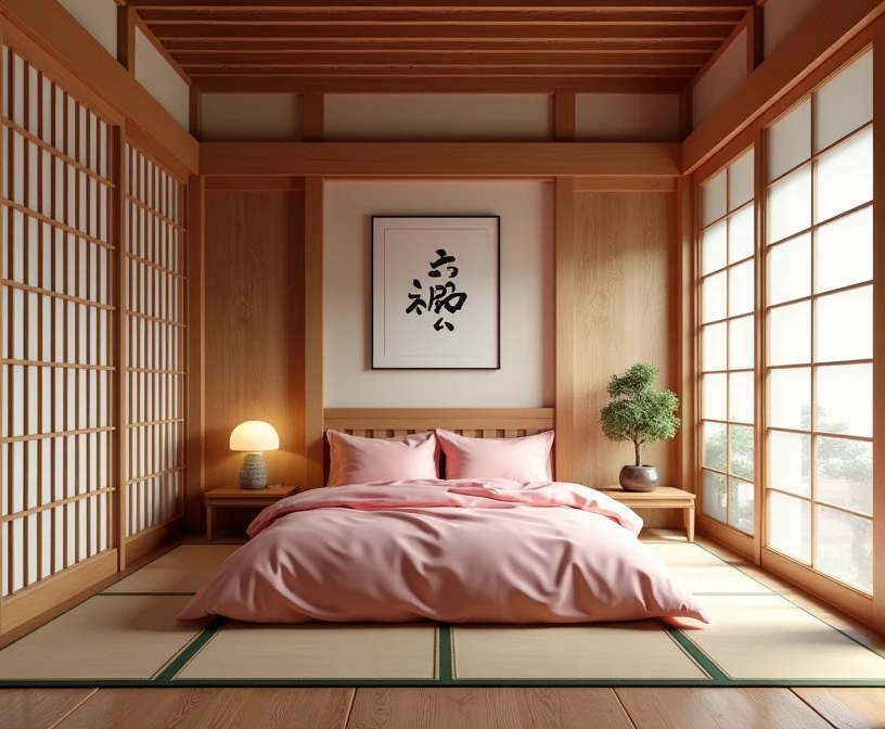 a traditional japanese bedroom, female bedroom, sliding door, wooden architecture, detailed wood texture, ornate traditional japanese decor, beautiful pink bedding, minimalist and elegant aesthetic, tatami mats, bonsai plant, calligraphy artwork, detailed shoji screens