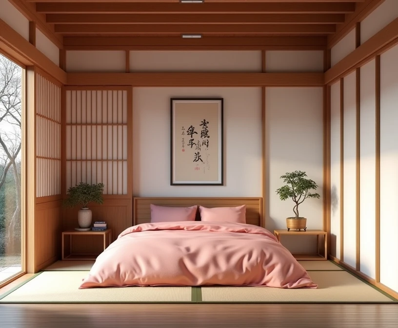 a traditional japanese bedroom, female bedroom, sliding door, wooden architecture, detailed wood texture, ornate traditional japanese decor, beautiful pink bedding, minimalist and elegant aesthetic, tatami mats, bonsai plant, calligraphy artwork, detailed shoji screens