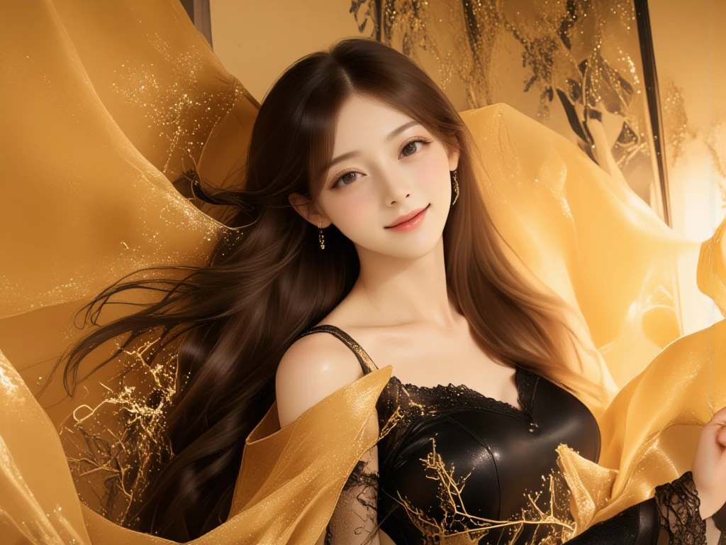 A stunning portrait of a young Asian woman wearing an elegant black dress adorned with intricate lace details on the neckline and off-shoulder sleeves. Her long, flowing black hair is dramatically swept to one side, cascading and blending seamlessly with soft, golden fabric that wraps around her. The hair and fabric move together in a graceful, flowing motion, creating a dynamic and ethereal scene.

The golden fabric billows gently around her, now adorned with delicate and intricate botanical patterns of vines, leaves, and blooming flowers, adding an extra layer of elegance and sophistication. The patterns shimmer subtly, catching the soft, diffused lighting, which enhances the luxurious texture of the fabric.

Her radiant smile and luminous complexion are softly illuminated, highlighting her delicate features while complementing the warmth of the golden hues. The background features a gradient of gold and light, seamlessly blending with the patterned fabric, evoking a sense of opulence and natural beauty. The flowing hair, dress, and botanical details create a harmonious and captivating visual.

The background is simple and minimalistic, in soft neutral tones that accentuate her figure and outfit without distraction. The overall composition is polished and harmonious, capturing her poised elegance and understated charm in a timeless and artistic manner.