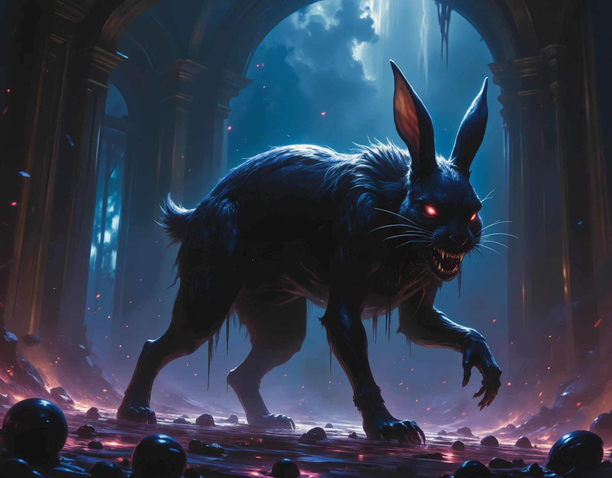 intricate detailed fantasy art, killer rabbit, gloomy atmosphere, highly detailed, 8k, photorealistic, cinematic lighting, dark moody colors, ominous dramatic composition, dramatic chiaroscuro, gothic horror style, precise brushwork, seamless textures, dramatic shadows, sinister mood