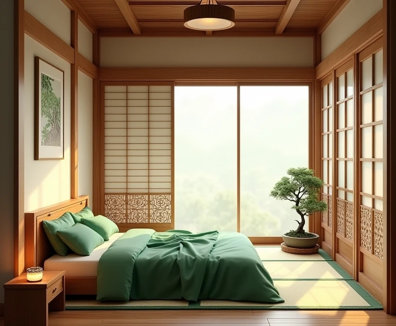 a traditional japanese bedroom, female bedroom, sliding door, wooden architecture, detailed wood texture, ornate traditional japanese decor, beautiful pink bedding, minimalist and elegant aesthetic, tatami mats, bonsai plant, calligraphy artwork, detailed shoji screens