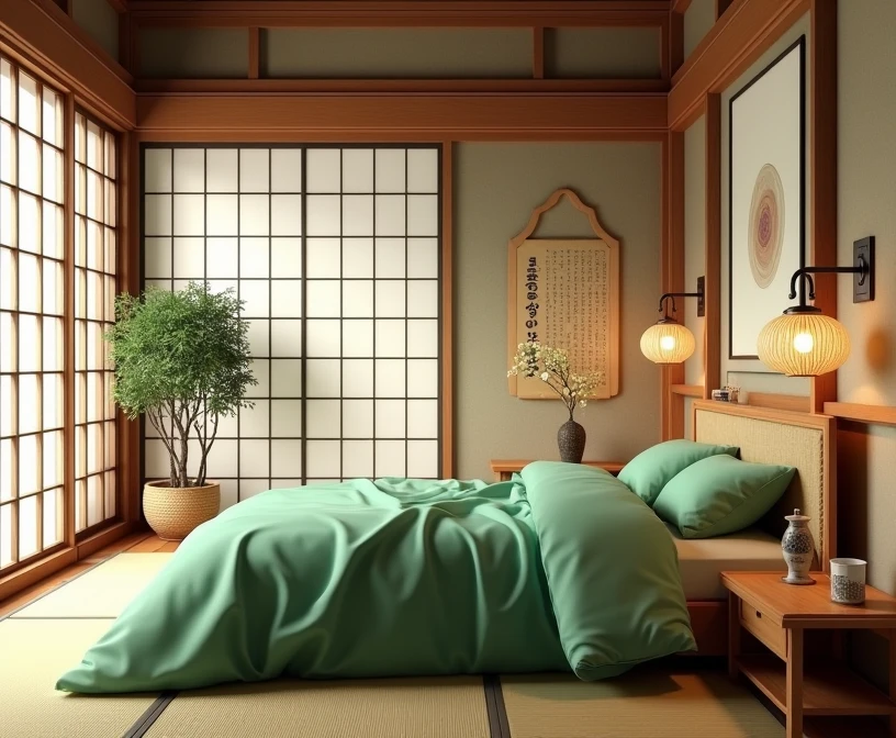 a traditional japanese bedroom, female bedroom, sliding door, wooden architecture, detailed wood texture, ornate traditional japanese decor, beautiful pink bedding, minimalist and elegant aesthetic, tatami mats, bonsai plant, calligraphy artwork, detailed shoji screens