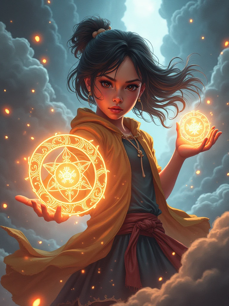 dynamic epic illustration of a girl with glowing magic signs in the air
