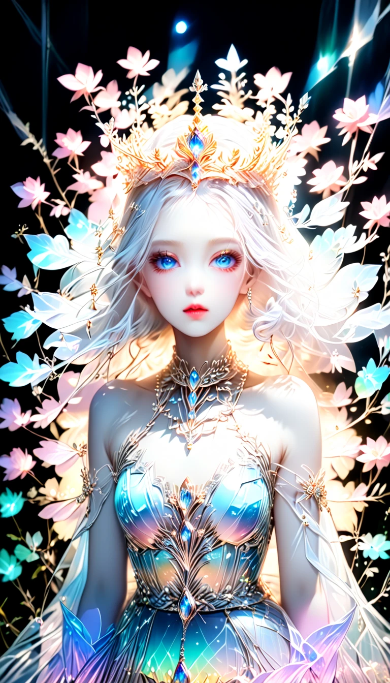 Pyroxene Fairy 。 Beautiful, mysterious, and majestic standing figure 。 Fairy Queen born from diamonds 。 Translucent hair that lets through light 。Aurora colored eyes。。 Delicate and exquisite beauty like silverwork 。 Wearing a magnificent and prestigious dress 。Wearing a crown style 。bless。Heaven and Earth。Genesis。