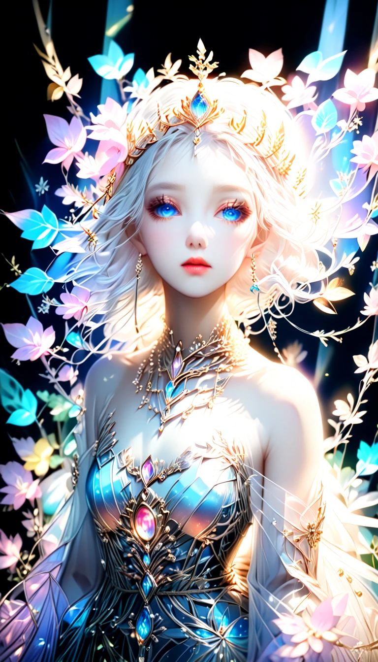 Pyroxene Fairy 。 Beautiful, mysterious, and majestic standing figure 。 Fairy Queen born from diamonds 。 Translucent hair that lets through light 。Aurora colored eyes。。 Delicate and exquisite beauty like silverwork 。 Wearing a magnificent and prestigious dress 。Wearing a crown style 。bless。Heaven and Earth。Genesis。