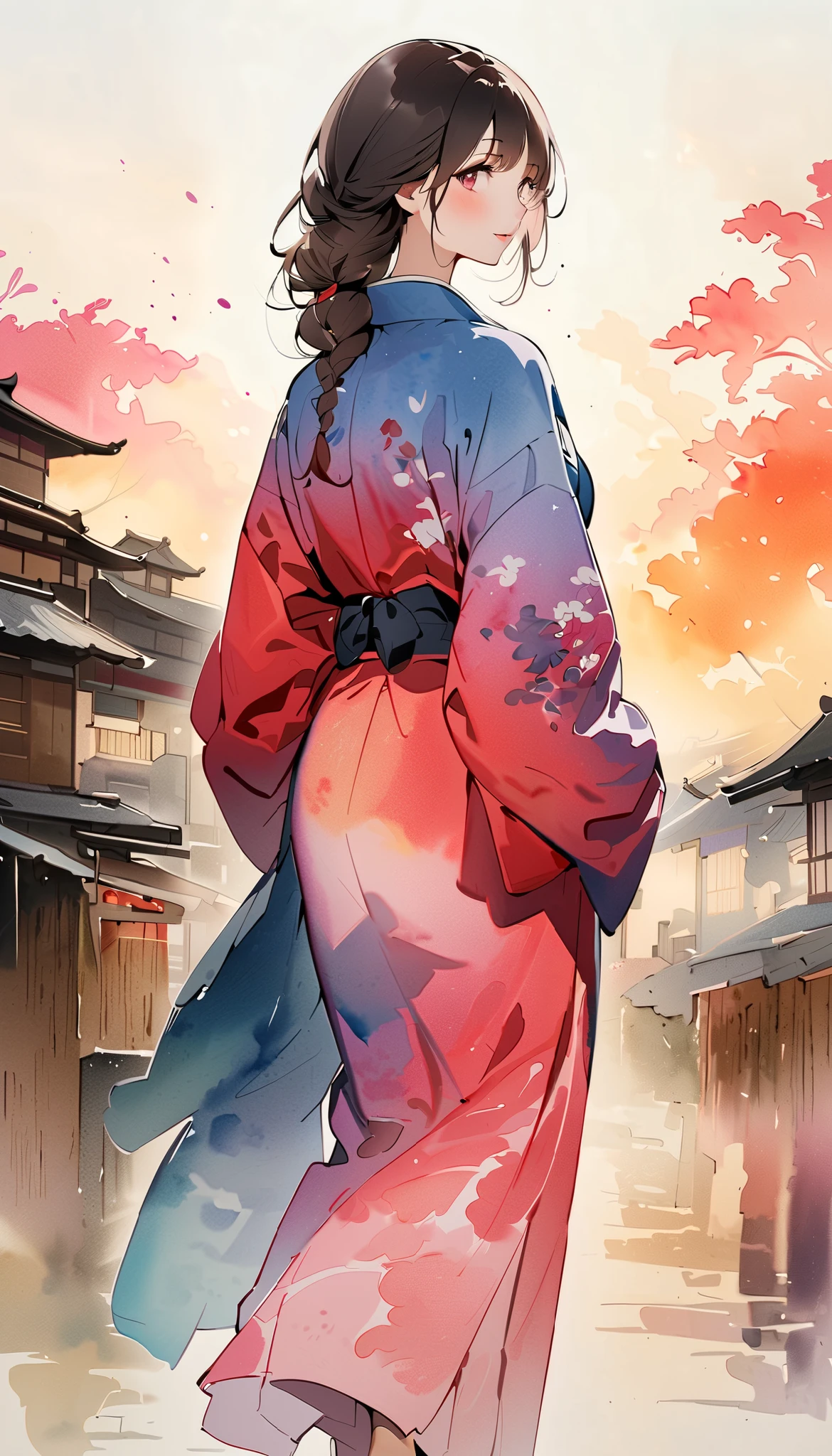  Splatter Backgrounds and Spray Paint Effects, Hiroshige Utagawa, yukata,  full body angle、 back view、Woman looking back,  Very Beautiful , Beautiful Woman , dusk, watercolor, watercolor, watercolor風, watercolorの詳細なアート, watercolor digital painting, watercolor paints, 非常に精巧なwatercolor, watercolor， Japanese women，1,  long hair, dark-haired、Based on blue