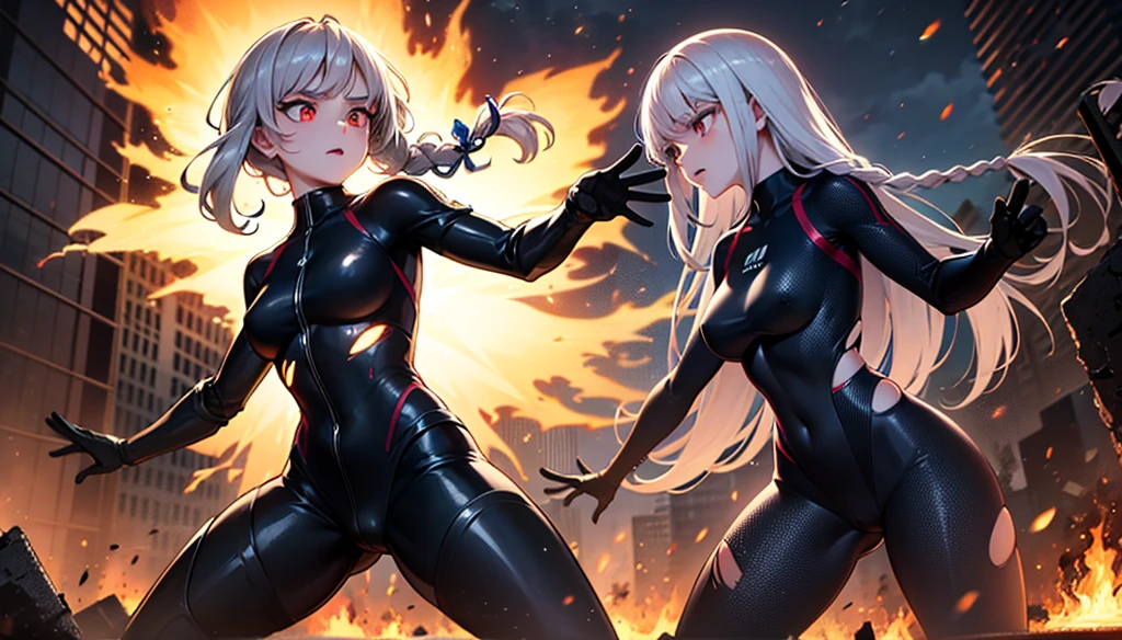 ultra-detailed, Explicit, Beautiful body, Beautiful Nose, Beautiful character design, perfect eyes, perfect face, ultra highres, 4K, beautiful legs, perfect legs, Nice hands, Perfect hand, Masterpiece, Best Quality, Highly detailed, illustration, absurdres, expressionless, blank eyes, looking at viewer, red gloves, emotionless, black latex, corrution, mind control, female combatant, full body, hypnotized, unhappy trance, full body suit, ribbed bodysuit, both arms at side, obey, perfect female body, extremely glossy latex, hypnosis, hypnoLora, empty eyes, Mind control device, poses, submissive_pose, Slave, stand up straight, standing, standing at attention, latex, ribbed bodysuit, thighhighs, garter belt, Fighting Stance, 1girl, zofa soldier, black dress, amami haruka, white hair, red eyes, red ribbon, evil smile, short hair