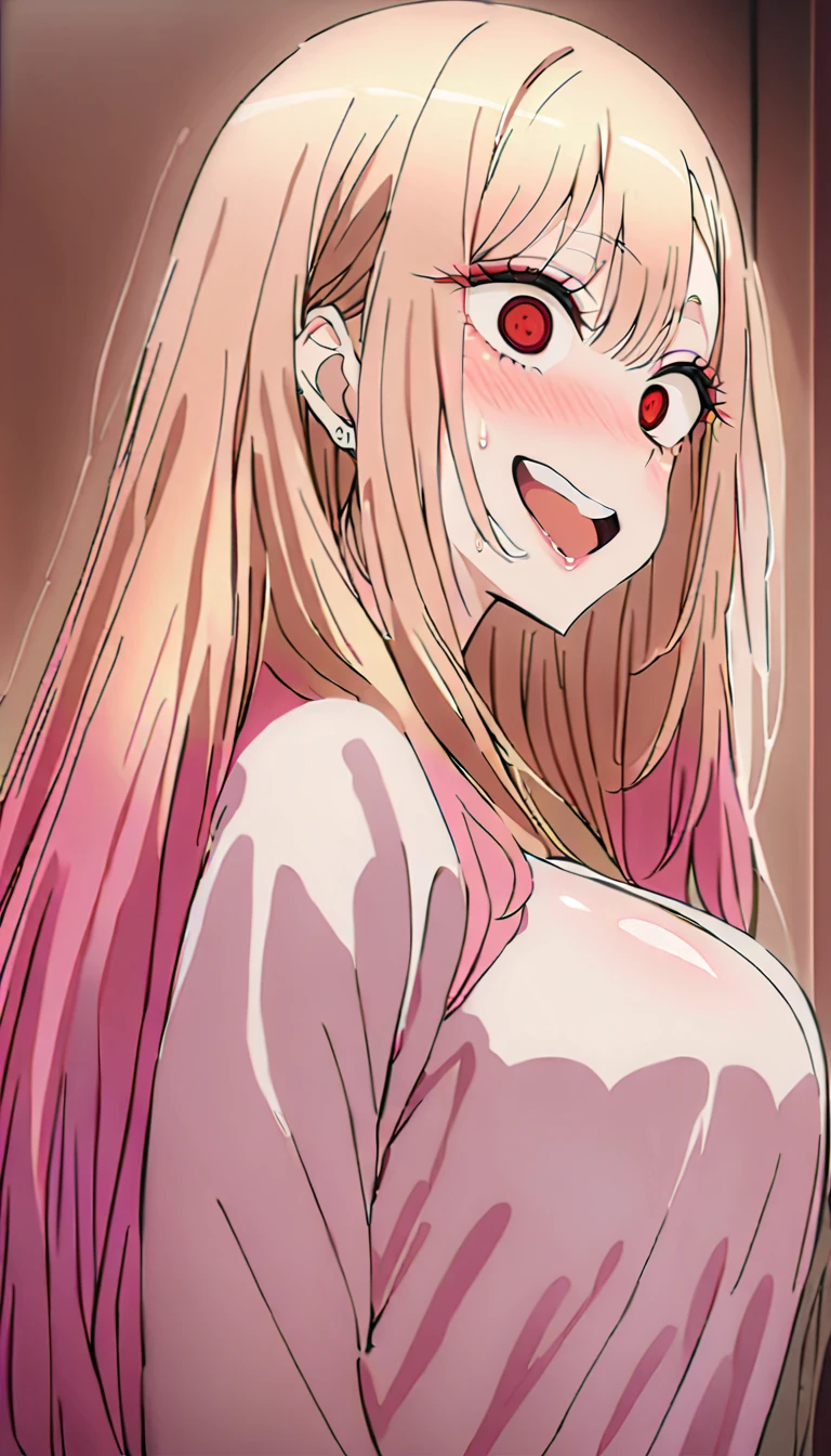   1 girl,Kitagawa Marin,Big Breasts,  blondes,  pink hair tips ,  red eyes,Alone, masterpiece,  Glittering Skin ,   super detailed skins,   shiny hair,   long hair,  glamorous,   charming smile  ,Crazy Smile,  hollow eyes, nudes,  got taken over by an old man ,  viewers, Cabaret Club,I have a nosebleed ,Buck's uncle ,Up to the crotch,