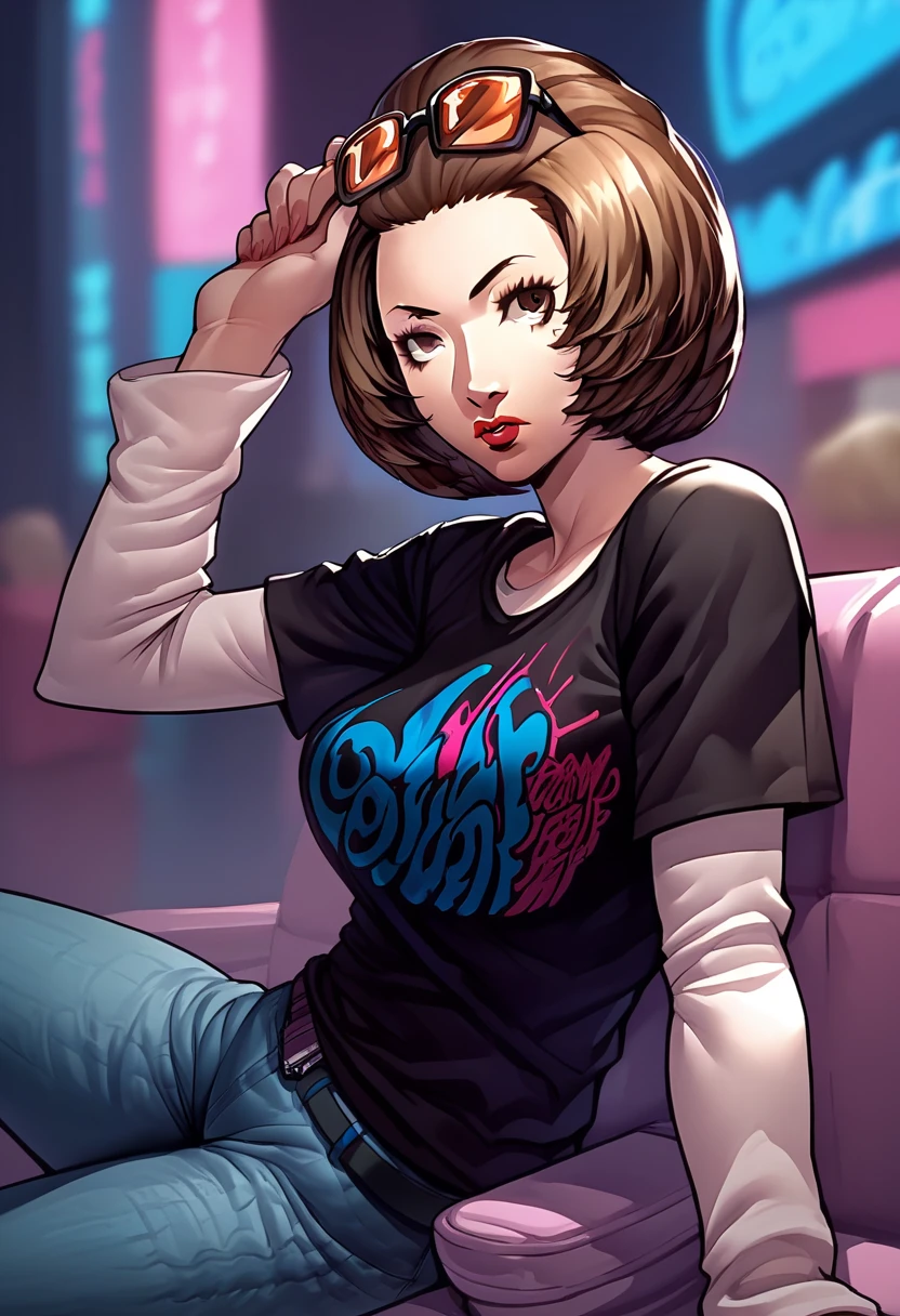 1 girl, sunglasses on head, lipstick, black t-shirt, clothes writing, layered sleeves, large breasts, jeans, Manuela Casagranda, brown eyes, brown hair,