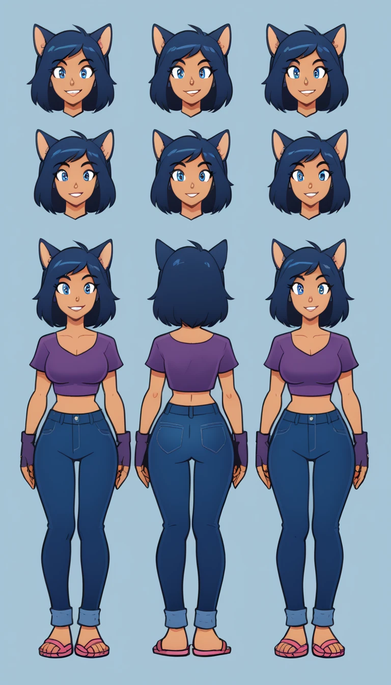 score_9, score_8_up, score_7_up, 1 girl, (full bodies in view), perfect proportions, simple background. standing, ((charactersheet, reference sheet, multiple views)), ((character design sheet, same character, front, side, back)), complete body, Dark Blue hair, wolf ears, purple crop top, blue jeans, dark blue wolf tail, purple fingerless gloves, purple flipflops, eye lashes, wink, expressions, happy, different expressions, prngs