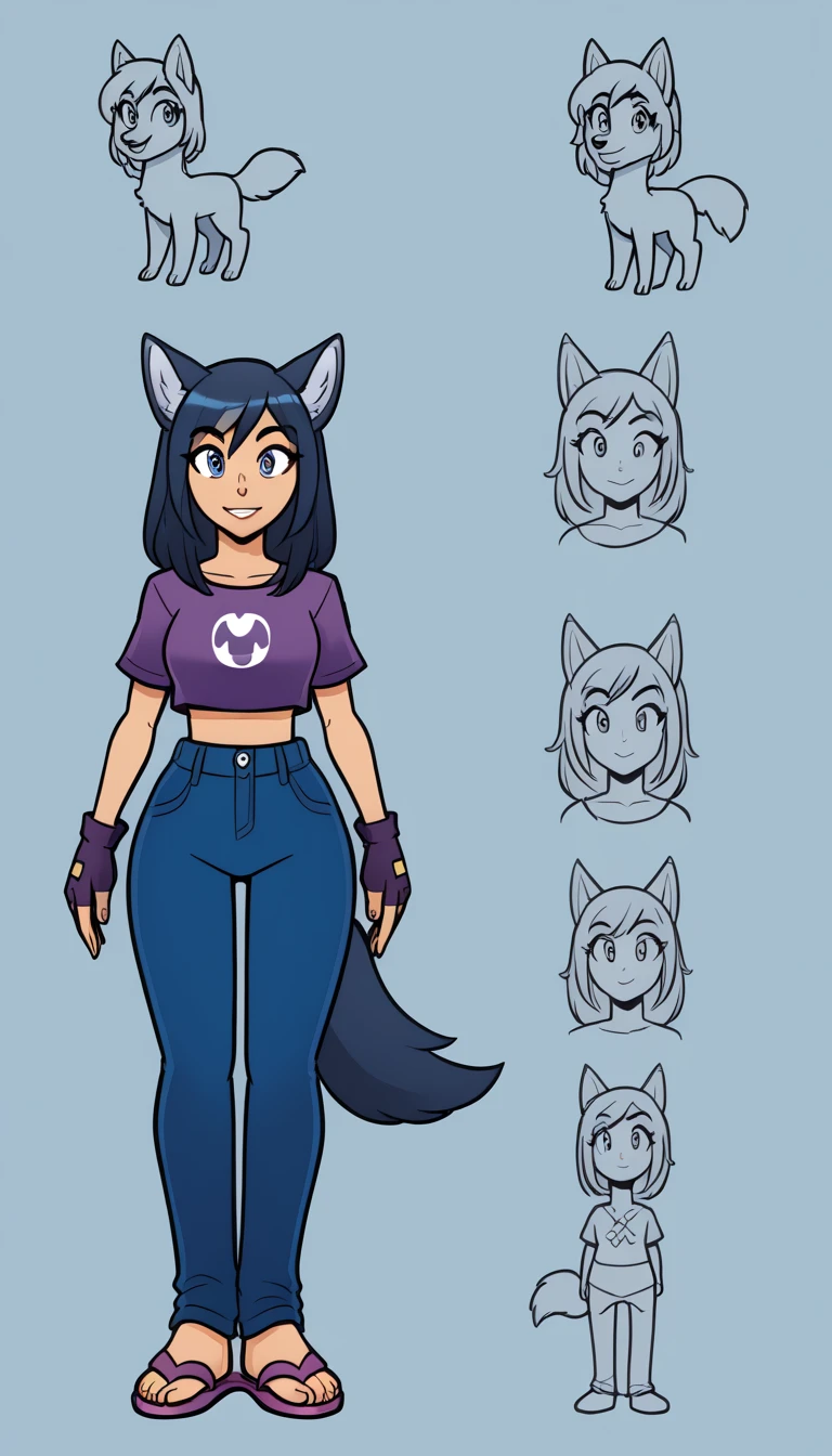 score_9, score_8_up, score_7_up, 1 girl, (full bodies in view), perfect proportions, simple background. standing, ((charactersheet, reference sheet, multiple views)), ((character design sheet, same character, front, side, back)), complete body, Dark Blue hair, wolf ears, purple crop top, blue jeans, dark blue wolf tail, purple fingerless gloves, purple flipflops, eye lashes, wink, expressions, happy, different expressions, prngs