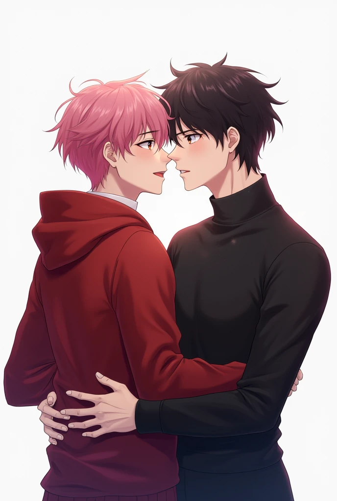 2 boy ,pink hair ,yellow eyes ,boxers ,high quality ,masterpiece ,blushing ,boyish ,shirtless ,kissing