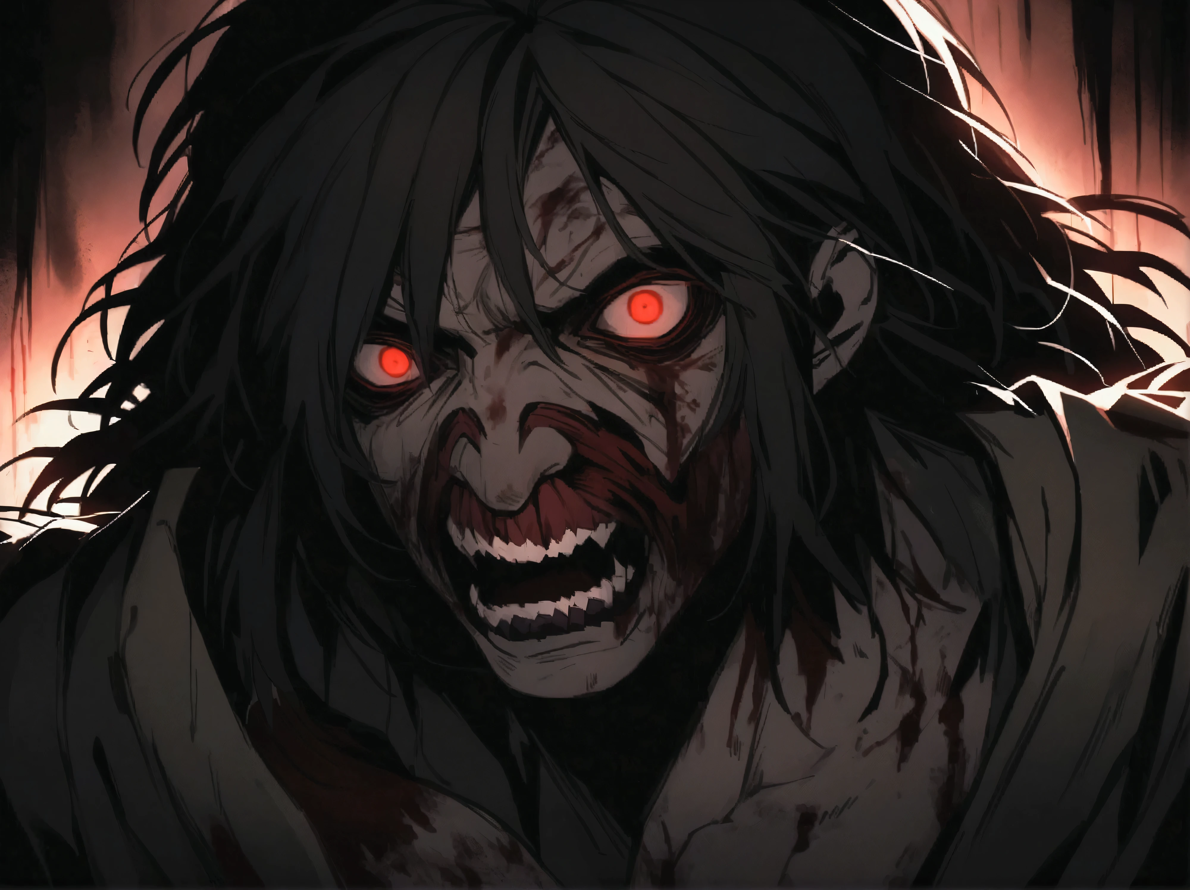 ghoul monster sharp claws teeth long black hair beady eyes monsterous deformed bloody flesh inbetween teeth.