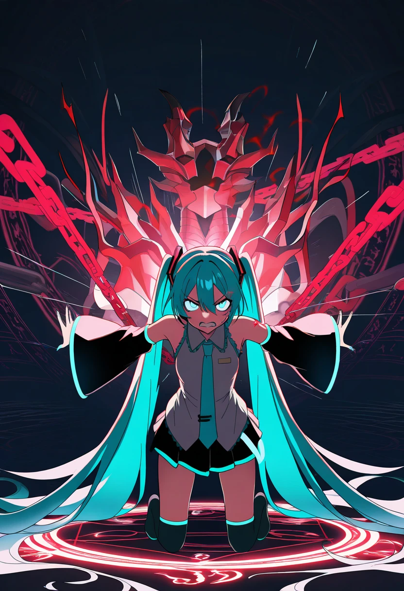 hatsune miku, 1girl, kneeling,kneehighs, looking at viewer, blue eyes,red magic circle, bounded by glowing red metal chain,spread arms,anger vein, clenched teeth, masterpiece, best quality, amazing quality, very aesthetic, absurdres, (scenery, volumetric lighting)
