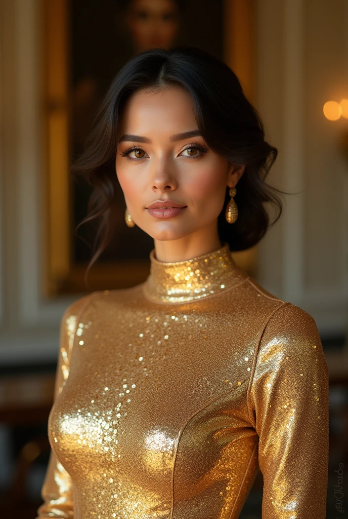 epic35mm, photo of beautiful (block_adrae:0.99), a woman, perfect long hair, (portrait), (long sleeved gold dress:1.1), 85mm, (analog, cinematic, film grain), (luxurious modern apartment), ((night time:1.2)), ((detailed eyes)), (color picture:1.1), (looking at viewer), <lora:add_detail:1>, <lora:epiC35mm:1>