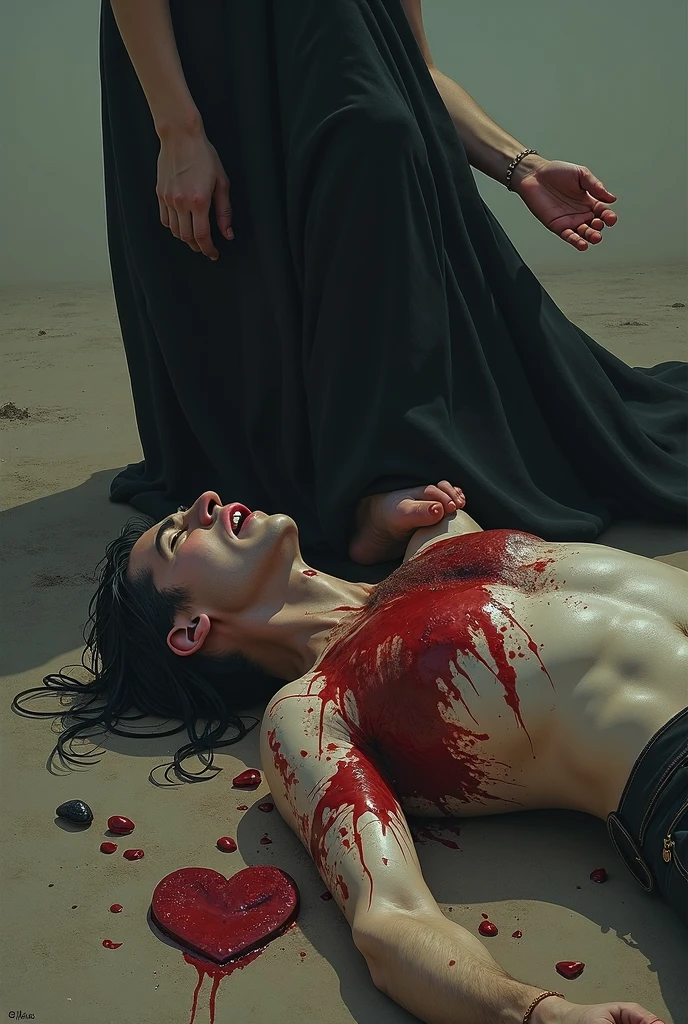 a dying warrior in a close-up coughing up blood, lying on the ground, rpg, 4k, cinematic, flame, trailer, film
