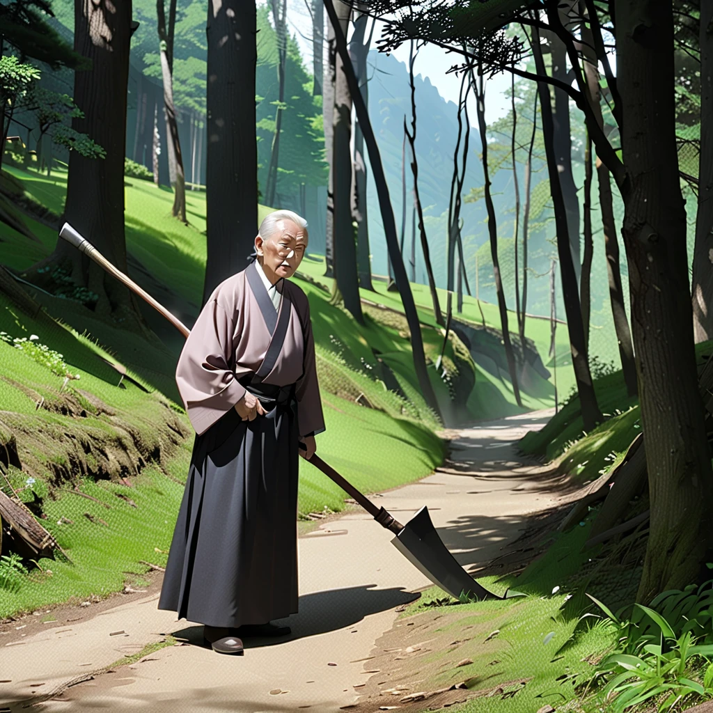 grandfather、 snapshot of a remote village、 has a scythe、 in the woods、Eyes are empty