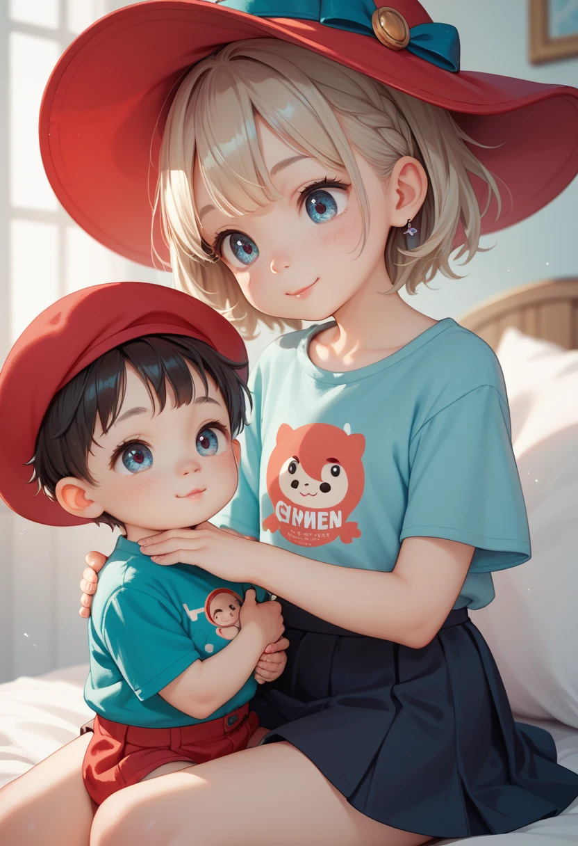 little 3-yr old girl with small breast, young, cute, little, short, thin, Age Regression, toddler, youthful, Lolicon, black short hair, Red hat, blue long-sleeved shirt, short skirt