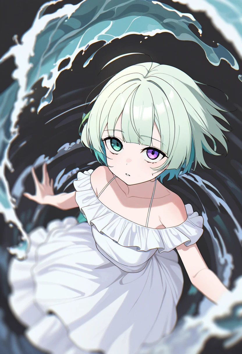 best quality,amazing quality,very aesthetic,absurdres, 1girl, heterochromia, solo, looking up, dress, green eyes, parted lips, short hair, looking at viewer, white dress, purple eyes, bangs, blue eyes, from above, black background, water, green hair, blurry, frills, outstretched arms, bare shoulders
