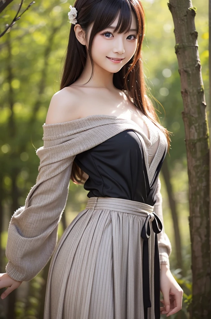 Japanese model wearing a long skirt dress,   Japanese idol 、Full dress,  fantasy dress,  Elegant and Attractive Cosplay , Japanese model wearing fantasy style formal attire ,  black shimecut hairstyle,  looking at camera、Detailed and beautiful eyes、 cute smile、 soft and gentle expression 、The background is a deep forest