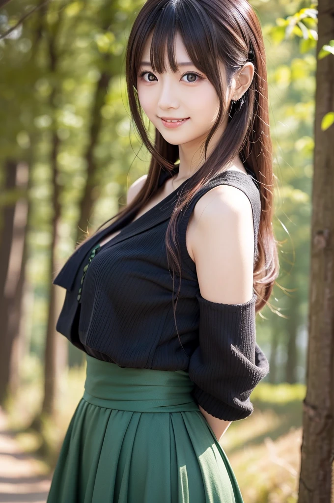 Japanese model wearing a long skirt dress,   Japanese idol 、Full dress,  fantasy dress,  Elegant and Attractive Cosplay , Japanese model wearing fantasy style formal attire ,  black shimecut hairstyle,  looking at camera、Detailed and beautiful eyes、 cute smile、 soft and gentle expression 、The background is a deep forest