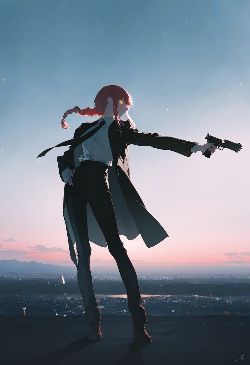 yoneyama mai, rella, rolua, negative space, cinematic shot, 
very awa, masterpiece, highres, absurdres, newest,  wide shot, from side, 
makima \(chainsaw man\), (aiming:1.15), holding gun, outstretched arm, hand on hip, contrapposto, (facing to the side:1.2), looking to the side, looking afar, formal clothes, shirt tucked in, black tight pants, standing, ringed eyes, 
detailed background, outdoors, wind, evening, lighting particles,