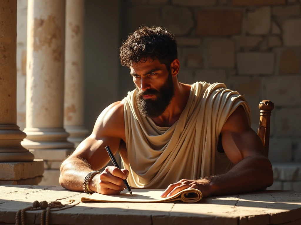 In a Roman-style office with marble floors and grand columns, a young and attractive Stoic philosopher sits at a stone desk, his posture slightly slouched, eyes narrowed in frustration. His muscular form is accentuated by a tunic that drapes elegantly, leaving one shoulder exposed. The philosopher, with short, well-groomed curly hair and a neatly trimmed beard, points an accusing finger toward a shadowy figure in the background, symbolizing the boss. The morning light streams through the high windows, casting a warm glow on his bronzed skin and highlighting the tension in his expression. On the desk, a few scattered scrolls and a quill symbolize the hard work that went unnoticed. The scene captures the moment of blame, with the shadow of his own finger pointing subtly back at him, representing the internal conflict.