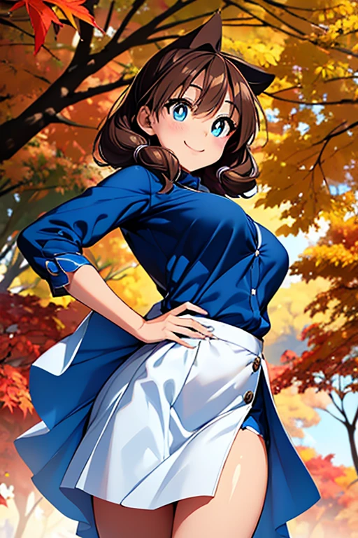 Megumi Amano、 shiny brown hair ,  twin tails,  beautiful blue eyes、Waistline、 small breasts、  Modesto Chest 、smile、Sparkling Eyes, (fine grain)、 Very Pretty Eyes 、 very detailed顔,  very detailed目,  cowboy shot、



 very cute and beautiful girl ,( Very exquisite face and eyes ),( blue uniform),
 standing, turn your hands around your back , autumn park， fall leaves for vaginal discharge，
(smile), show viewers,, cowboy shot,
( top quality ,masterpiece), absurd, high definition , very detailed, very detailed,32K,
Movie Scene, detailed background,Alone, Dynamic Angle,
 Hair Fluttering in the Wind , beautiful detailed sky ,( realistic ),