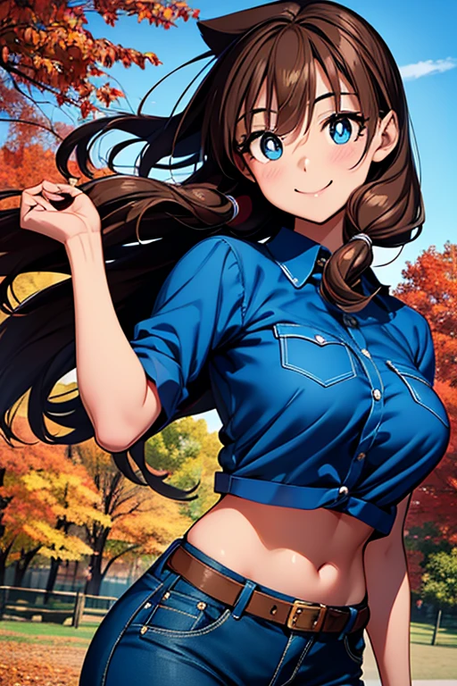 Megumi Amano、 shiny brown hair ,  twin tails,  beautiful blue eyes、Waistline、 small breasts、  Modesto Chest 、smile、Sparkling Eyes, (fine grain)、 Very Pretty Eyes 、 very detailed顔,  very detailed目,  cowboy shot、



 very cute and beautiful girl ,( Very exquisite face and eyes ),( blue uniform),
 standing, turn your hands around your back , autumn park， fall leaves for vaginal discharge，
(smile), show viewers,, cowboy shot,
( top quality ,masterpiece), absurd, high definition , very detailed, very detailed,32K,
Movie Scene, detailed background,Alone, Dynamic Angle,
 Hair Fluttering in the Wind , beautiful detailed sky ,( realistic ),