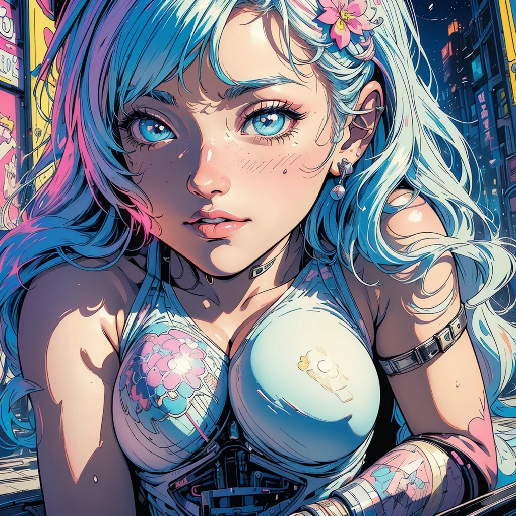 Create digital artwork in pop art style、Features a detailed bunny girl、Street fashion、Movie color schemes、Surrounded by vintage rabbit motifs、Vivid brush strokes、Emotions must be dynamic、Upper body、Drawing、Illustration、grayscales、Tropical、many rabbits、