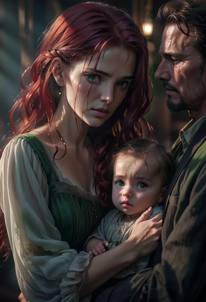 A beautiful young woman with long red hair holding , green eyes a small baby in her arms, the 's father is a stern-looking man with a hooked nose, ethereal lighting, detailed realistic portrait, cinematic composition, dramatic chiaroscuro lighting, deep emotional expression, cinematic quality, 4k, masterpiece, highly detailed, photorealistic