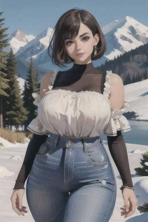 (best quality), (masterpiece), 1 girl, early 20's, huge heavy breasts, thick, thick lips, wide hips, thin waist, puffy sleeve coreset, wearing jeans, bob cut, headband, mountainside, standing in the snow