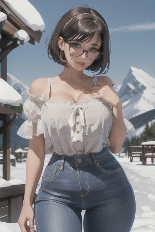 (best quality), (masterpiece), 1 girl, early 20's, huge heavy breasts, thick, thick lips, wide hips, thin waist, puffy sleeve coreset, wearing jeans, bob cut, headband, mountainside, standing in the snow