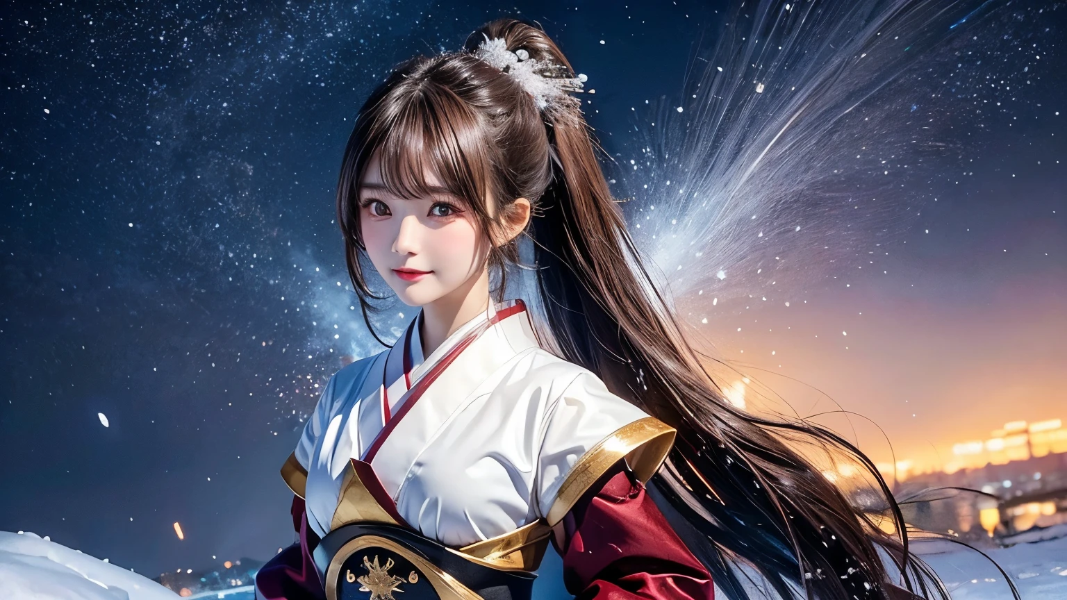A delicate and lovely ancient goddess with lustrous black ponytail hair. She wears a white and red miko wear. The background is a fantastic and ethereal night sky, as if possessed by a specter. Her expression is stern and atmospheric.