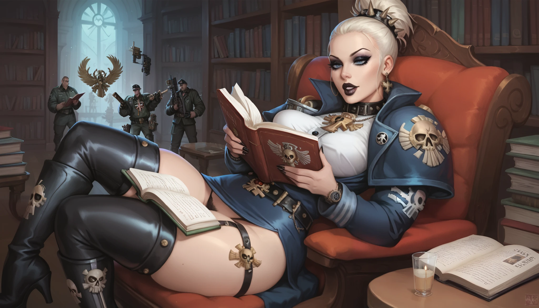 warhammer 40k, library, servo-skulls filming, human woman, makeup, wide belt, (thigh high pumped stripper stiletto boots), reading